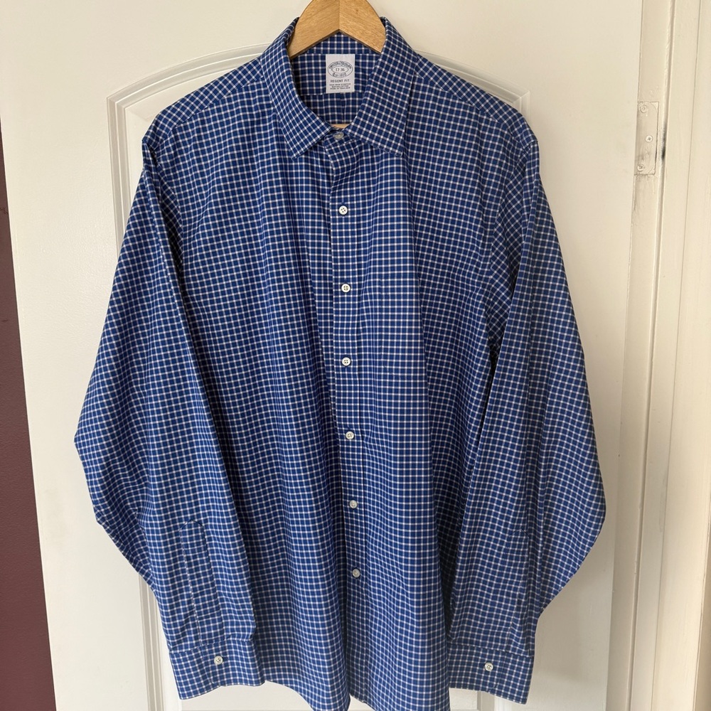 Brooks Brothers Regent blue plaid long sleeve 17-36 XL non-iron Supima cotton